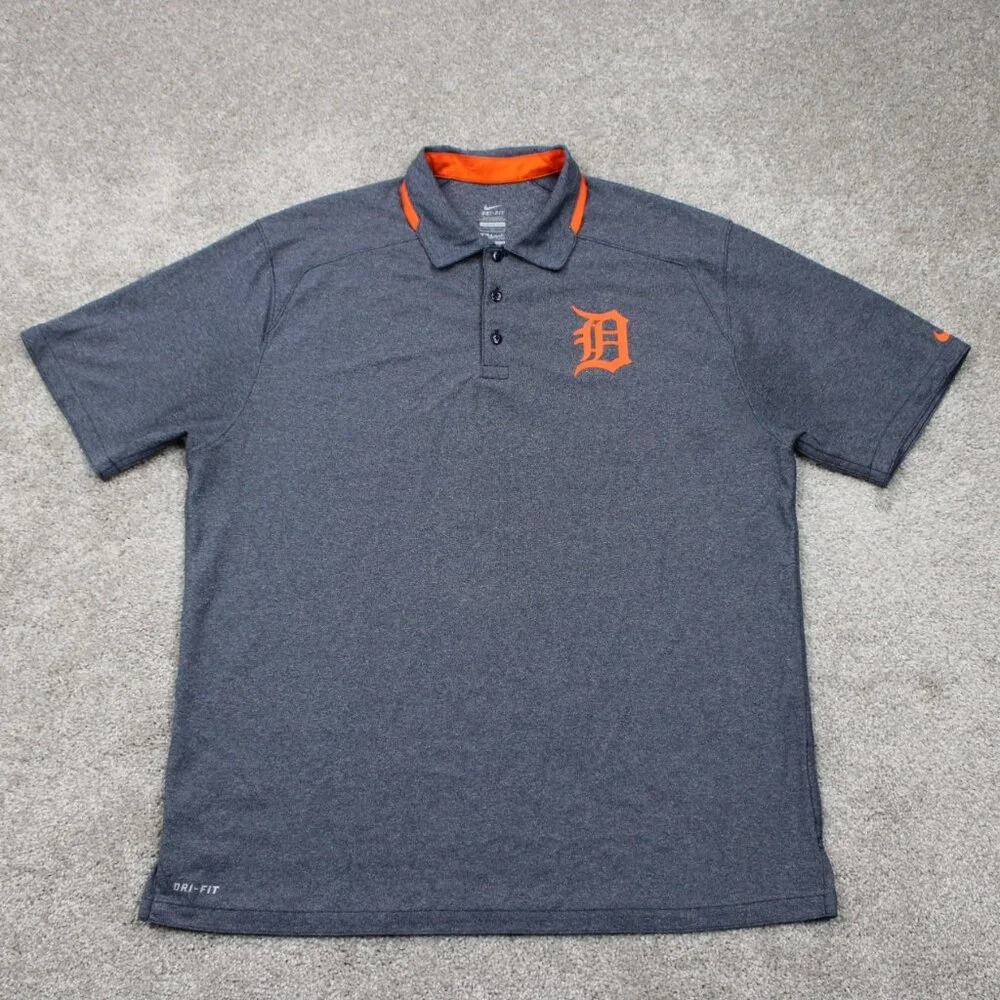 Nike Detroit Tigers Polo Shirt Mens Large Blue Dri-Fit MLB Short Sleeve Pullover